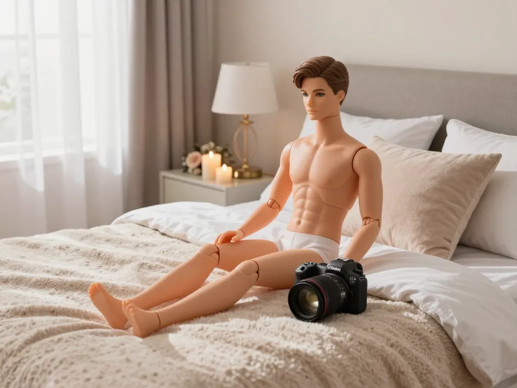 Sofort Lieferbar Erwachsenen-Mannequin Sexpuppe elegant in einem modernen Schlafzimmer umschlungen, die Komfort und Intimität zeigt.