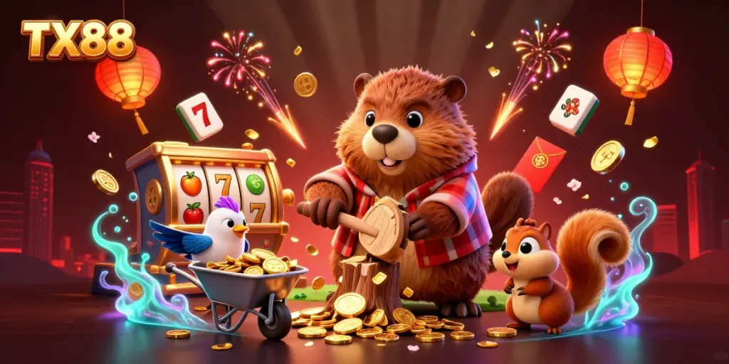 TX88 showcases a 3D beaver collecting coins with vibrant casino elements around.