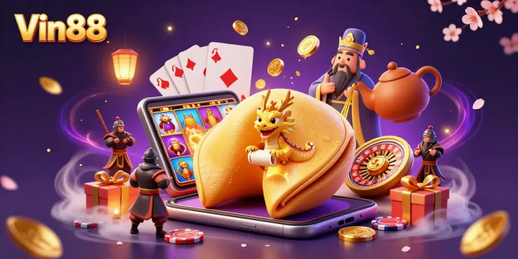 Play thrilling slot games at Vin88 with a giant fortune cookie and dragon, showcasing dynamic casino action.