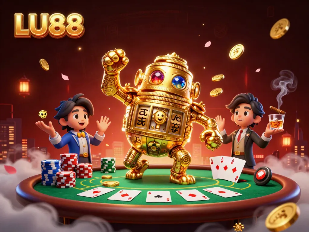 Engage in thrilling adventures at LU88, featuring a dynamic casino scene with a golden golem and poker elements.