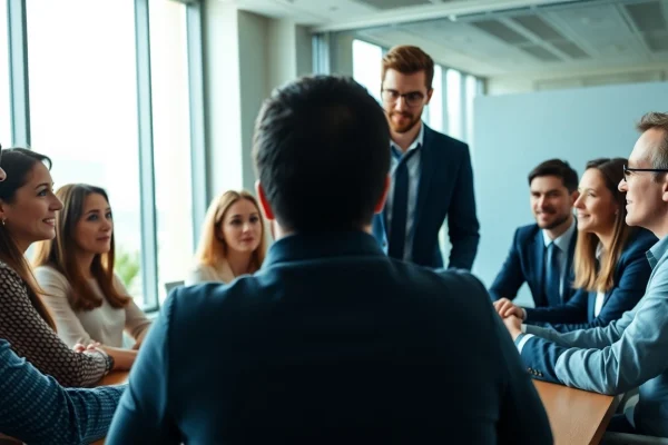 Headhunter IT interview process with diverse candidates in a modern office.