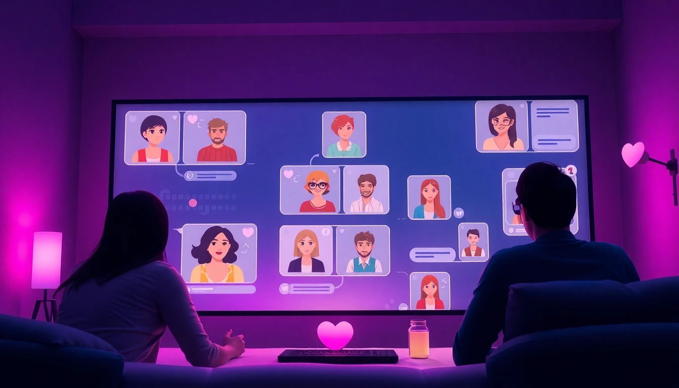 Engaging sex chat interface displaying avatars and chat bubbles in a warm, inviting atmosphere.