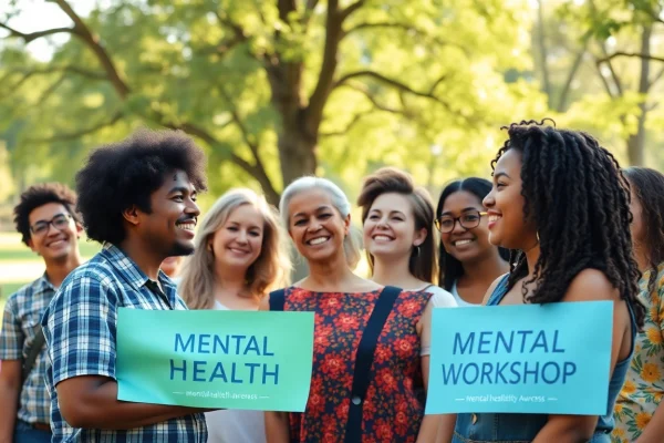 Engaging community event showcasing mental health awareness with diverse individuals in a supportive atmosphere.