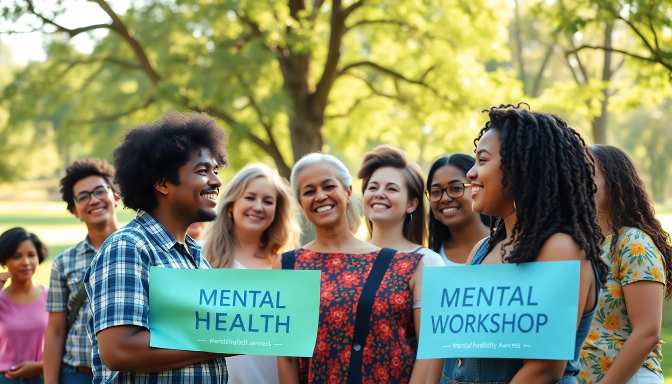 Engaging community event showcasing mental health awareness with diverse individuals in a supportive atmosphere.