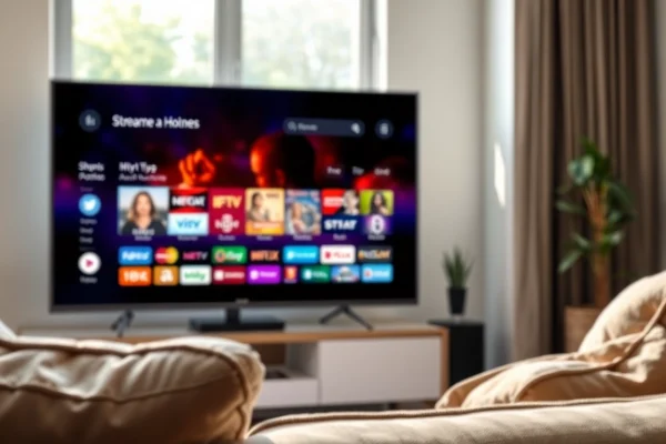 IPTV Streaming Lösung in einem modernen Wohnambiente mit einem Fernseher, der Inhalte zeigt.