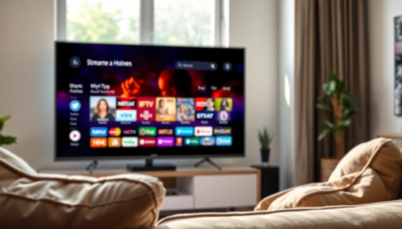 IPTV Streaming Lösung in einem modernen Wohnambiente mit einem Fernseher, der Inhalte zeigt.