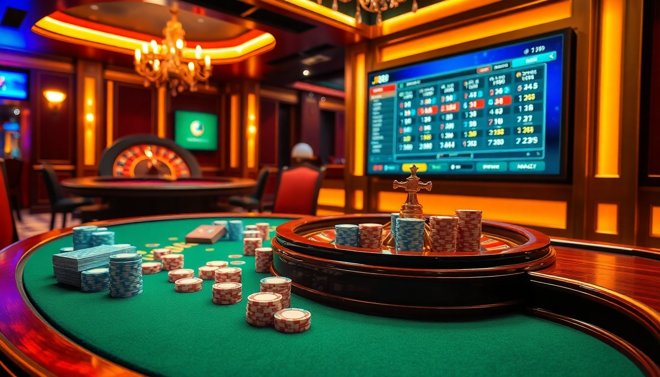 Players placing bets at a luxurious bj88 casino table with vibrant gaming elements and modern technology.